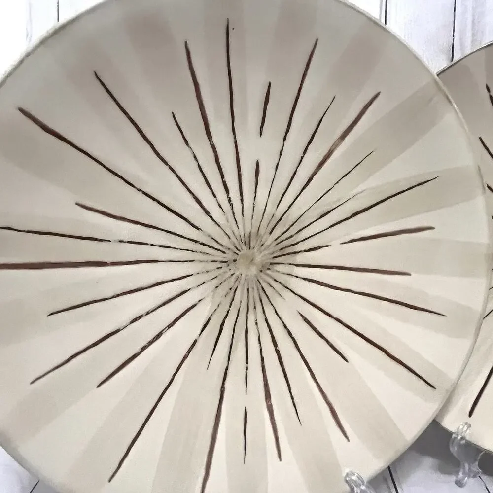 PIER 1 Sanctuary Stoneware 11.5” Dinner Plates Brown MCM Starburst - Set Of 2